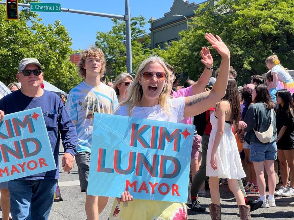 Kim Lund campaigns for mayor during the Pride in Bellingham Parade on July 9.