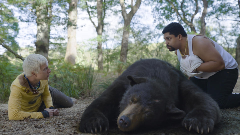 This image released by Universal Pictures shows Aaron Holliday, left, and O'Shea Jackson, Jr. in a scene from "Cocaine Bear." (Universal Pictures via AP)