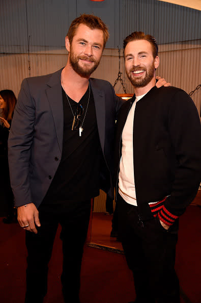 Chris Hemsworth and Chris Evans unite backstage 