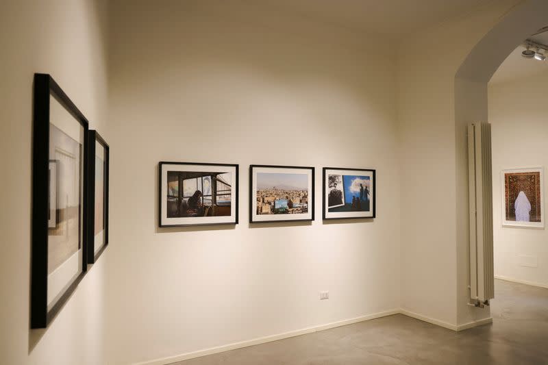 Iranian artist Farnaz Damnabi's work is displayed at her solo show 'Unveiled' at 29 Arts In Progress Gallery, in Milan