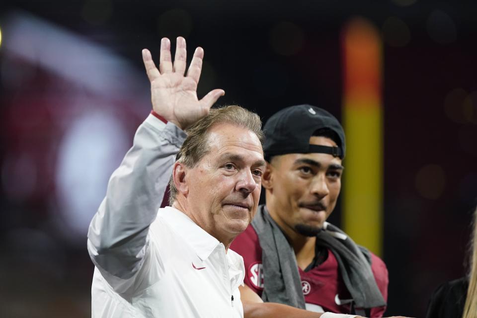 Alabama head coach Nick Saban waves to fans after the Southeastern Conference championship NCAA college football game between Georgia and Alabama, Saturday, Dec. 4, 2021, in Atlanta. Alabama won 41-24. (AP Photo/Brynn Anderson)