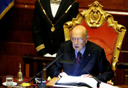 Former Italian President Giorgio Napolitano speaks at the Senate during the first session since the March 4 national election in Rome, Italy March 23, 2018. REUTERS/Remo Casilli