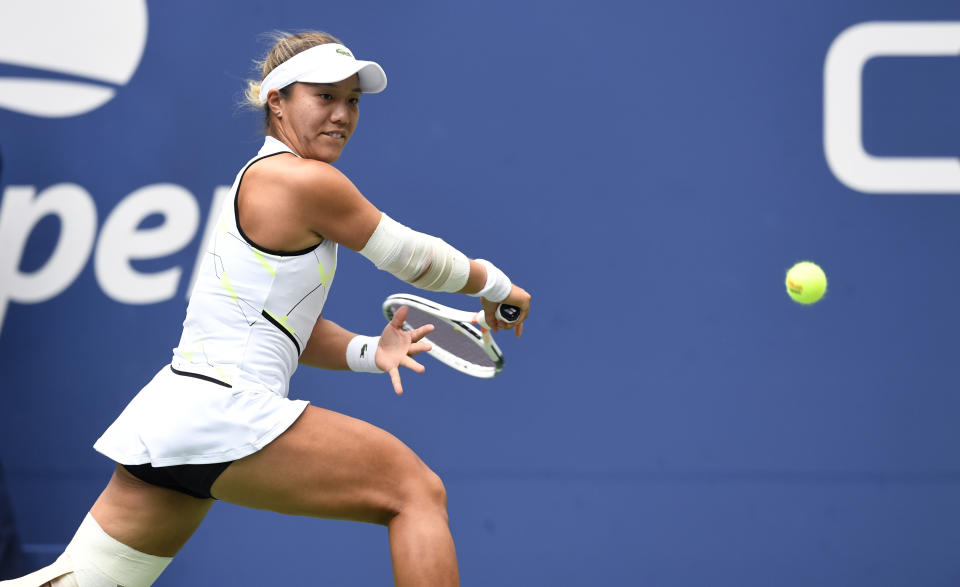 Kristie Ahn, of the United States, eyes a return against Elise Mertens, of Belgium, during the fourth round of the US Open tennis championships Monday, Sept. 2, 2019, in New York. (AP Photo/Sarah Stier)