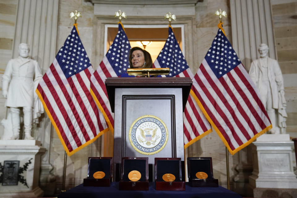 Speaker of the House Nancy Pelosi of Calif., speaks during a Congressional Gold Medal ceremony honoring law enforcement officers who defended the U.S. Capitol on Jan. 6, 2021, in the U.S. Capitol Rotunda in Washington, Tuesday, Dec. 6, 2022. (AP Photo/Alex Brandon)
