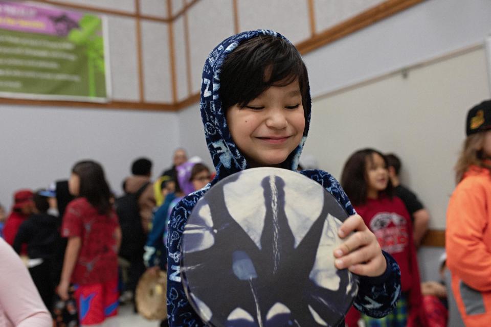 Students attend a drumming assembly at Quilceda Elementary, Tulalip WA