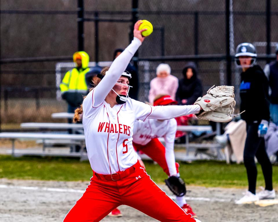 New Bedford's Hayleigh Chenard focuses on the catcher's glove.