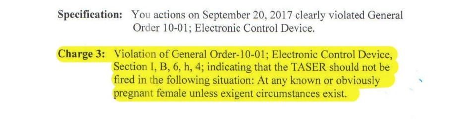 An excerpt from Herkimer Police Department's disciplinary records details policy regarding use of a Taser on a pregnant person.