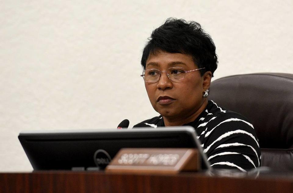 Duval Superintendent Diana Greene, who led the Manatee School District from 2015 to 2018, is set to lose her job over a teacher misconduct scandal. Greene is pictured during a 2018 school board meeting in this Bradenton Herald file photo.