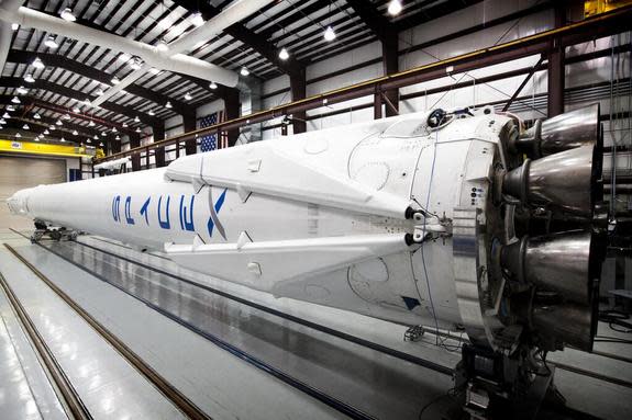 A close-up look at the landing legs on a private SpaceX Falcon 9 rocket launching from Cape Canaveral Air Force Station, Fla., on April 14, 2014. The Falcon 9 rocket will launch a Dragon cargo ship to the International Space Station, then attem