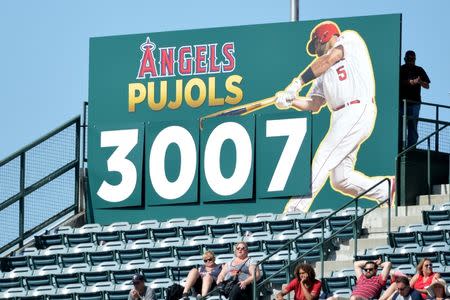May 13, 2018; Anaheim, CA, USA; The Los Angeles Angels designated hitter Albert Pujols tracker is updated after a hit during the game against the Minnesota Twins at Angel Stadium of Anaheim. Mandatory Credit: Orlando Ramirez-USA TODAY Sports