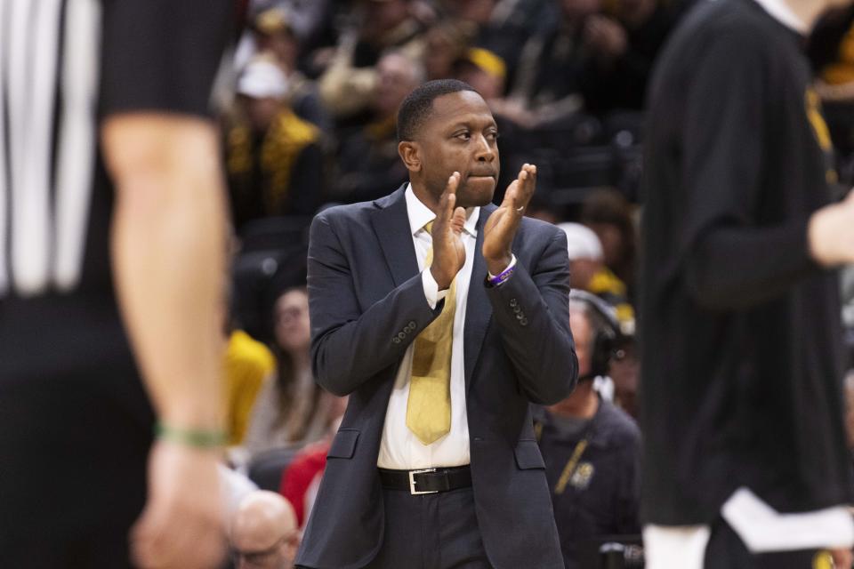 Missouri head coach Dennis Gates claps during a timeout during the first half of an NCAA college basketball game against South Carolina Saturday, Jan. 13, 2024, in Columbia, Mo. (AP Photo/L.G. Patterson)