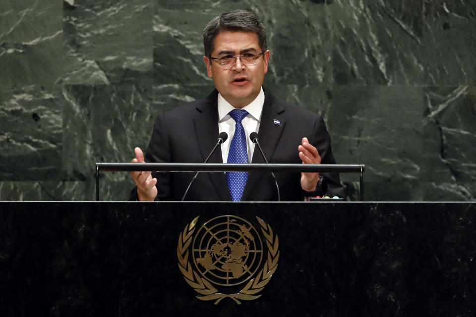 Honduras President Juan Orlando Hernandez Alvarado addresses the 74th session of the United Nations General Assembly, Wednesday, Sept. 25, 2019. (AP Photo/Richard Drew)