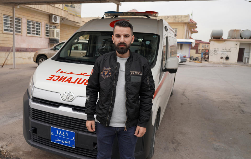 Zaid Ramadan, who recently returned from Minsk with his pregnant wife Delin, after they were caught by Polish authorities, poses for a picture in Dahuk, Iraq, Saturday, Nov. 20, 2021. The couple were among a disproportionate number of Iraqi migrants, most of them from Iraq’s Kurdish region, who chose to sell their homes, cars and other belongings to pay off smugglers with the hope of reaching the European Union from the Belarusian capital of Minsk — a curious statistic for an oil-rich region seen as the most stable in all of Iraq. (AP Photo/Rashid Yahya)