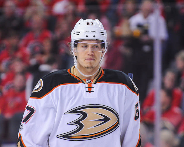 CALGARY, AB – APRIL 19: Rickard Rakell #67 of the Anaheim Ducks in action against the Calgary Flames in Game Four of the Western Conference First Round during the 2017 NHL Stanley Cup Playoffs at Scotiabank Saddledome on April 19, 2017 in Calgary, Alberta, Canada. (Photo by Derek Leung/Getty Images)