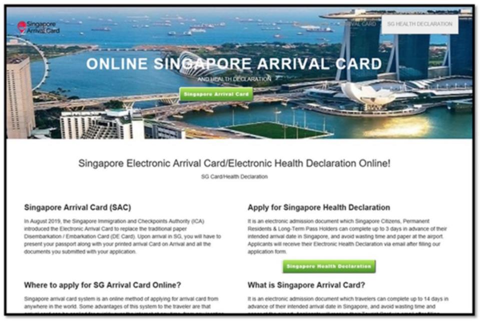 Screenshot of the fake SG Arrival Card website "Online Singapore Arrival Card".