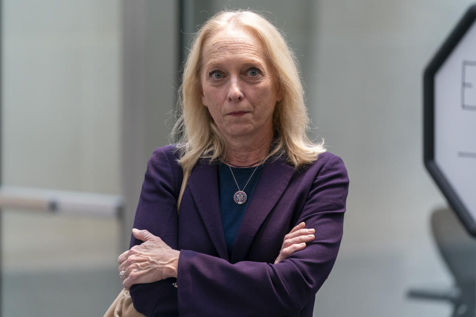 Rep. Mary Gay Scanlon, D-Pa., waits to speak with reporters after hearing from U.S. Attorney David Weiss in a transcribed interview before members of the House Judiciary Committee, Tuesday, Nov. 7, 2023, in Washington. The special counsel overseeing the Hunter Biden investigation is testifying behind closed doors as a GOP probe into the Justice Department's handling of the case continues to unfold. (AP Photo/Alex Brandon)