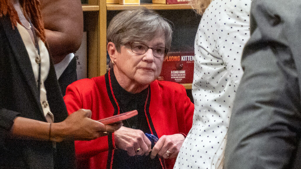 Gov. Laura Kelly appears at a May 14, 2024, event at the Topeka and Shawnee County Public Library.