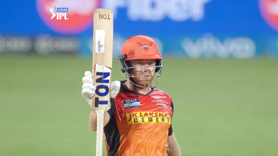 Johnny Bairstow salutes teammates after his half century for Sunrisers Hyderabad.