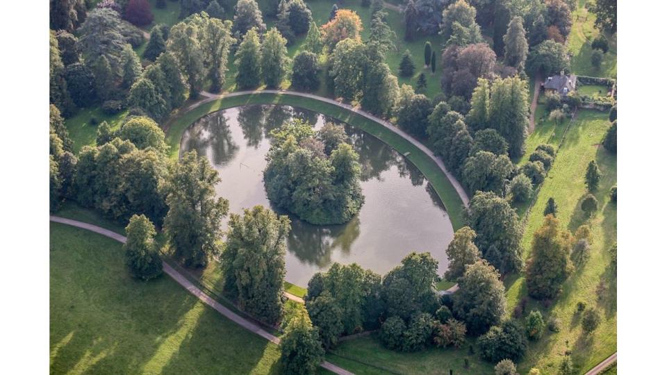 An aerial view of the burial site of Diana, Princess of Wales on the Round Oval lake 