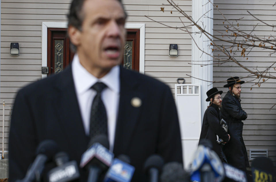 New York Governor Andrew Cuomo speaks to the media outside the home of Rabbi Chaim Rottenberg in Monsey, New York on Dec. 29, 2019. | Kena Betancur—AFP/Getty Images)