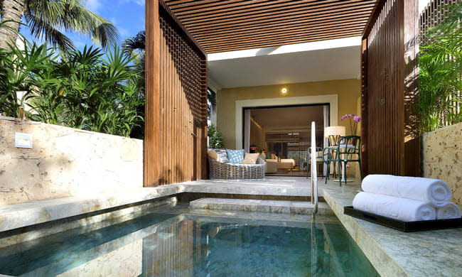 A photo of the TRS junior suite with a private pool with towels on poolside surrounded by palm trees