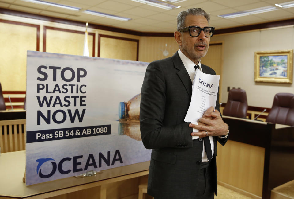 Actor Jeff Goldblum discusses a pair of bills aimed at reducing single-use plastic packaging and products during a Capitol news conference in Sacramento, Calif., Wednesday, Jan. 22, 2020. If approved by lawmakers and signed by the governor, California would become the first-in-the-nation to adopt measures to rein in waste for single-use plastic containers and items. (AP Photo/Rich Pedroncelli)