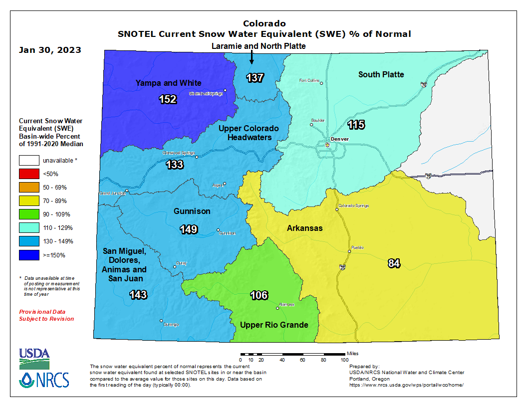 This map shows the average levels of snowpack in Colorado's river basins as of January 30, 2023.