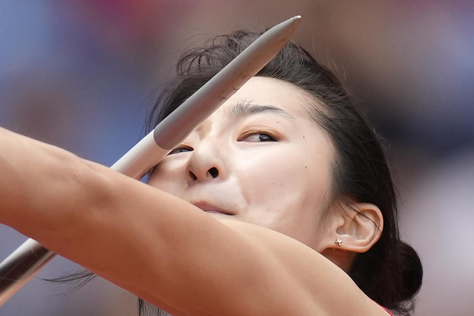 China's Liu Jingyi competes during the women's heptathlon javelin throw at the 19th Asian Games in Hangzhou, China, Sunday, Oct. 1, 2023. (AP Photo/Lee Jin-man)