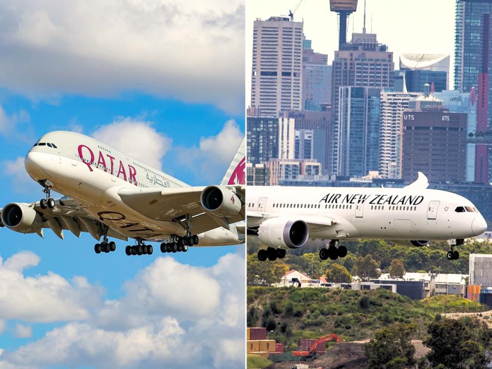 Left: A Qatar flight in the air with clouds above it. Right: An Air New Zealand plane flies in front of the Sydney skyline Nicolas Economou/NurPhoto via Getty Images, Bai Xuefei/Xinhua via Getty Images - Copyright: Nicolas Economou/NurPhoto via Getty Images, Bai Xuefei/Xinhua via Getty Images