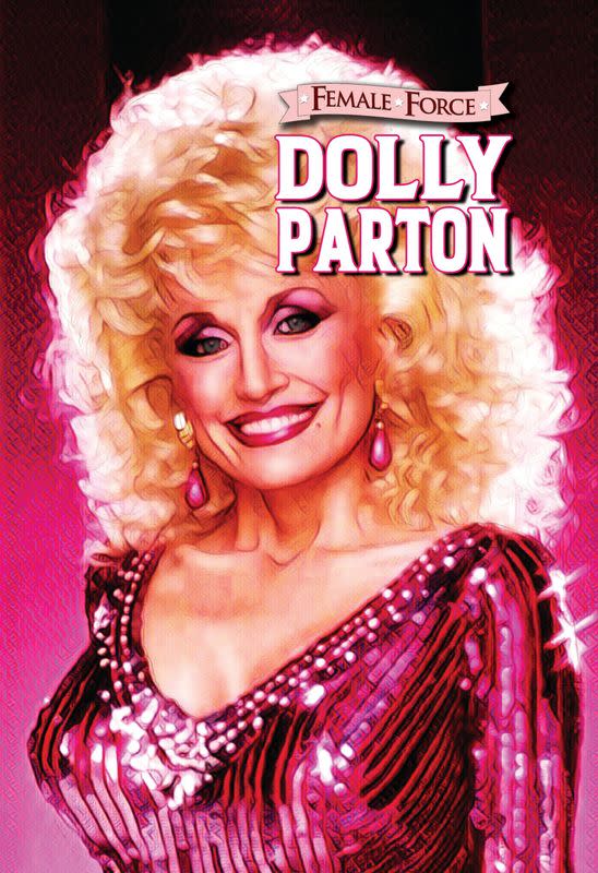 An image shows a cover page of a TidalWave Comics' comic book based on life of singer Dolly Parton, with planned release date March 31, 2021