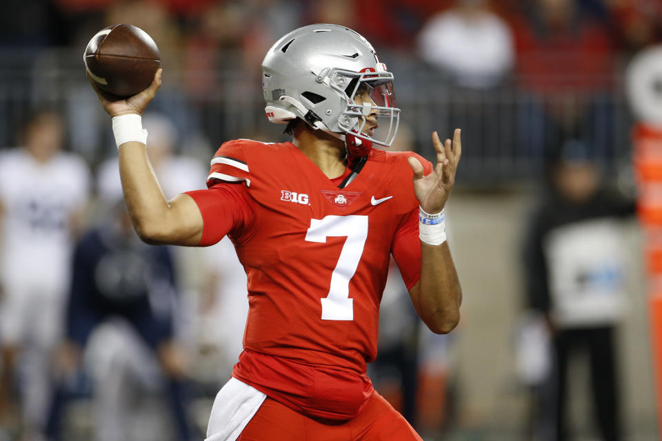 Ohio State quarterback C.J. Stroud throws a pass against Penn State during the first half Saturday, Oct. 30, 2021, in Columbus, Ohio. Ohio State won 33-24. (AP Photo/Jay LaPrete)