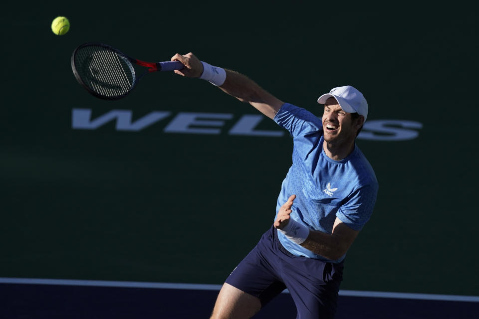 Andy Murray, of Britain, returns a shot to Alexander Zverev, of Germany, at the BNP Paribas Open tennis tournament Tuesday, Oct. 12, 2021, in Indian Wells, Calif. (AP Photo/Mark J. Terrill)