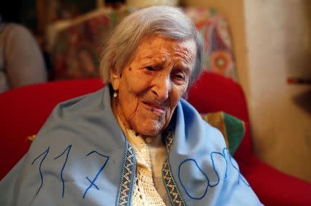 Emma Morano, thought to be the world's oldest person and the last to be born in the 1800s, is seen during her 117th birthday in her house in Verbania, northern Italy November 29, 2016. REUTERS/Alessandro Garofalo/Files