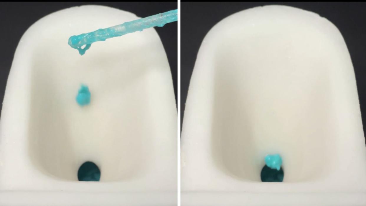  two photos of a small toilet bowl, showing a blue blob of sticky material being dropped into the bowl and sliding down without leaving a mark 