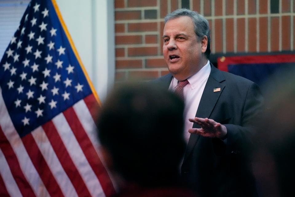 Former New Jersey Gov. Chris Christie addresses a gathering during a town hall-style meeting at New England College on Thursday in Henniker, N.H.