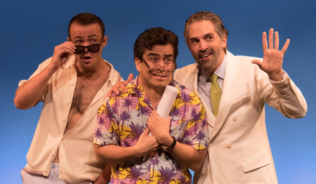 From left, Jack Gerhard plays an actor, Alberto Bonilla is a screenwriter and Ben Cherry is the director of a film that is at the heart of the comedy mystery “Smoke and Mirrors” by Will Osborne and Anthony Herrera at Florida Studio Theatre.