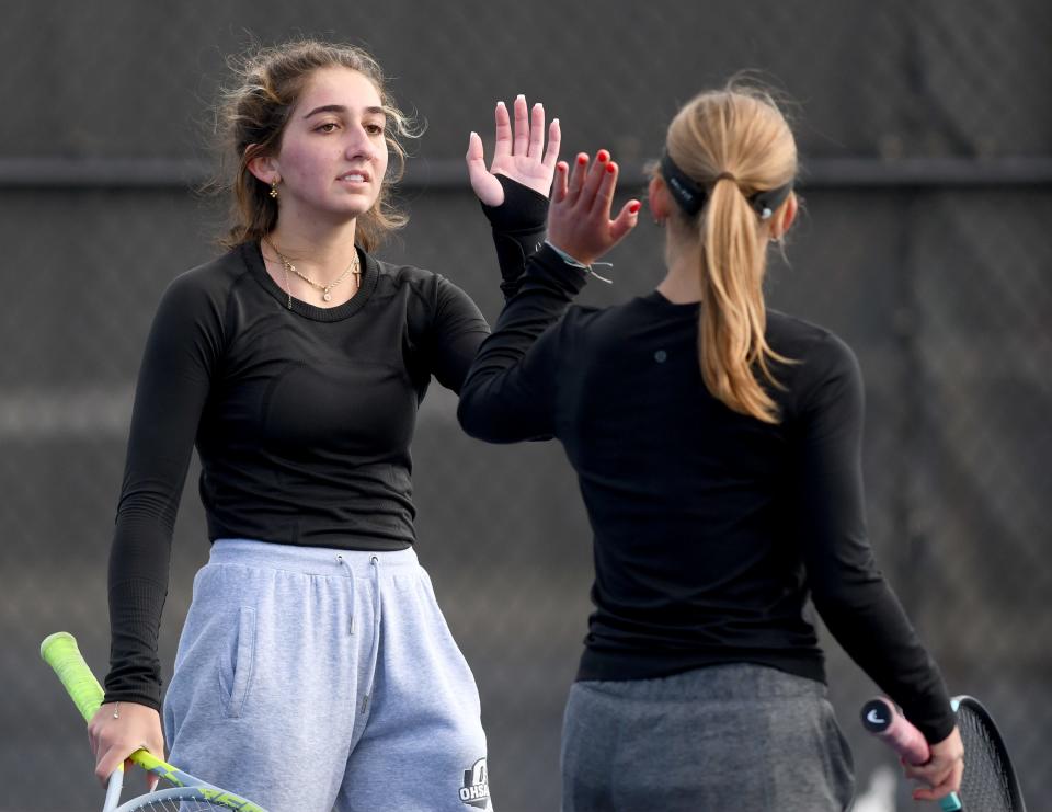 Hoover's Angelina Koinoglou  and Claire Wood compete against Jackson's Divya Shanmugam and Addyson Utterback in OHSAA Northeast Ohio Girls D1 Sectional Tournament Doubles Semifinal at Jackson North Park.  Saturday, October 09, 2022.