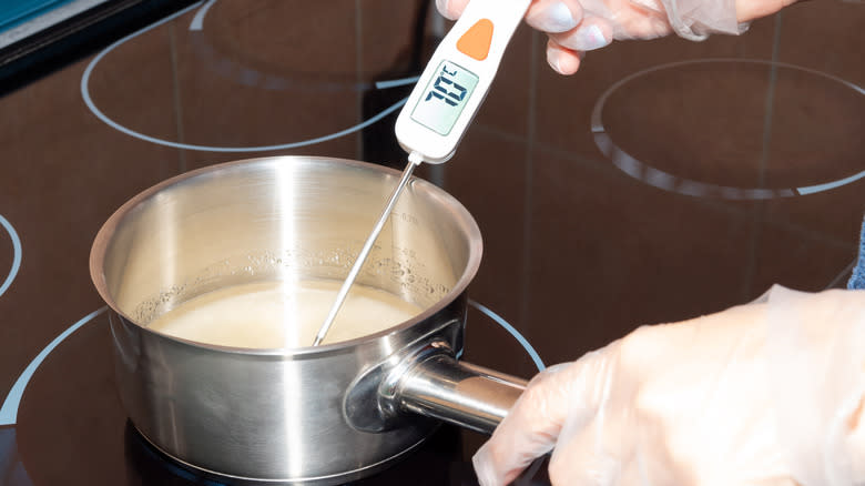 checking a sauce with a thermometer