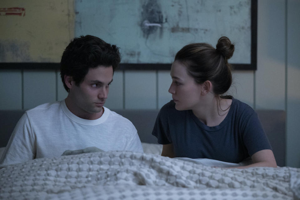 Penn Badgley and Victoria Pedretti in “You” - Credit: John P. Fleenor / Netflix