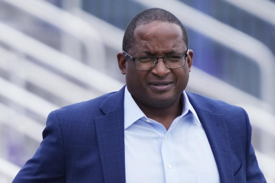 Northwestern University Athletic Director Derrick Gragg watches the football team's practice in Evanston, Ill., Wednesday, Aug. 9, 2023. (AP Photo/Nam Y. Huh)