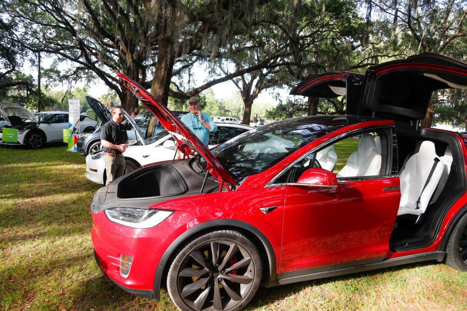 A variety of electric vehicles were on display, including this Tesla Model X, during Earth Day Savannah on April 21 in Savannah, Georgia.