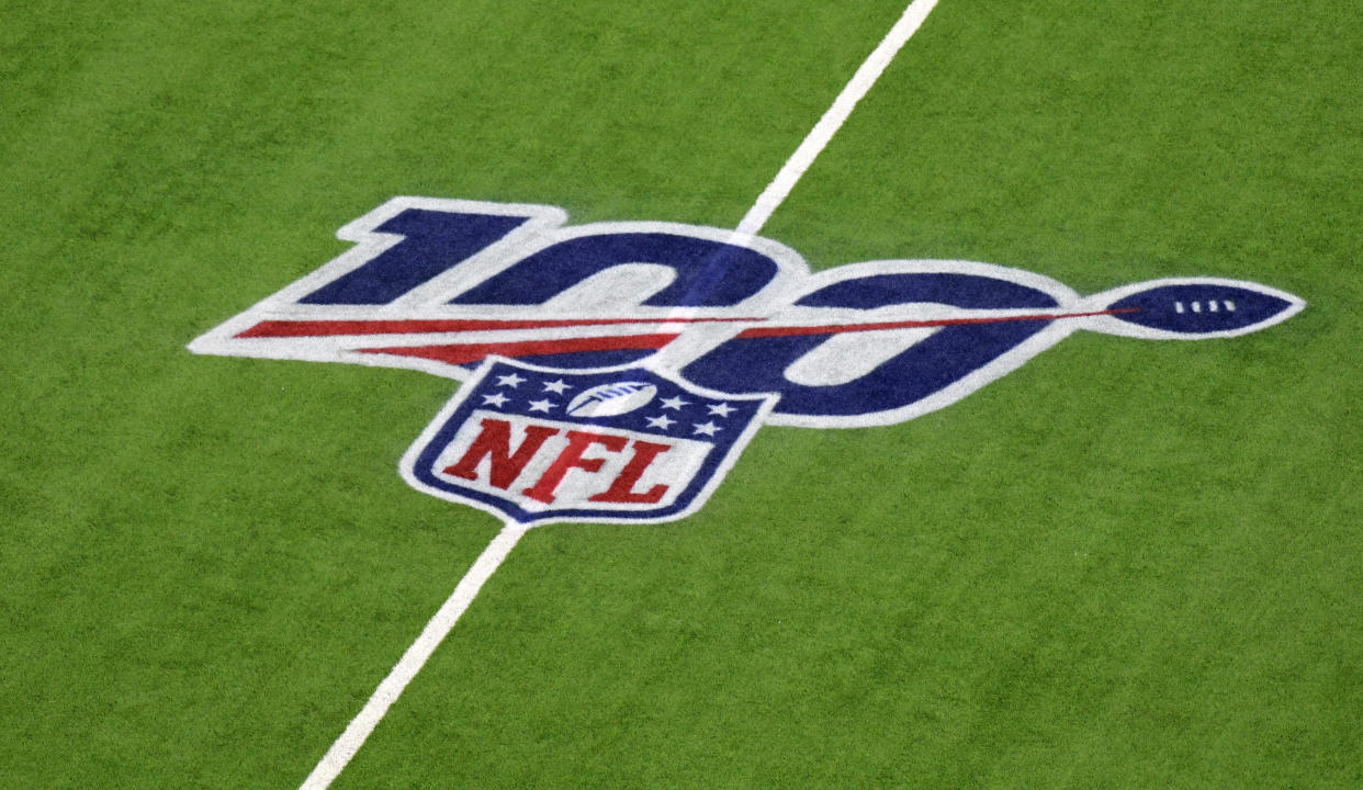 Nov 21, 2019; Houston, TX, USA; NFL 100th anniversary logo is seen on the field before a game between the Indianapolis Colts and Houston Texans at NRG Stadium. Mandatory Credit: Kirby Lee-USA TODAY Sports