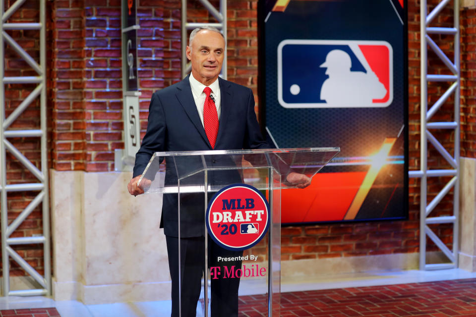 MLB commissioner Rob Manfred and the league are in a stalemate with the players on when to reopen the season. (Photo by Alex Trautwig/MLB Photos via Getty Images)