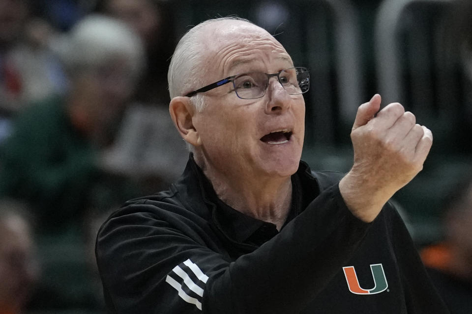 Miami coach Jim Larranaga directs players during the second half of an NCAA college basketball game against LIU Brooklyn in Coral Gables, Fla., Wednesday, Dec. 6, 2023. (AP Photo/Rebecca Blackwell)