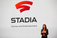 Jade Raymond, head of Google's Stadia Games and Entertainment, speaks on stage during a keynote address at the Game Developers Conference in San Francisco, California, U.S., March 19, 2019. REUTERS/Stephen Lam