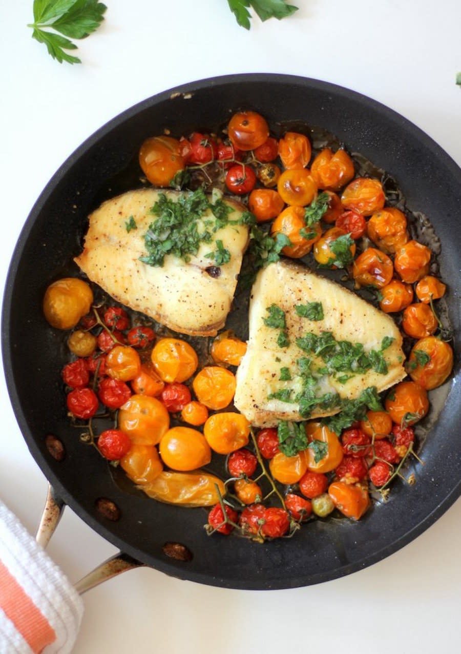 Slow-Roasted Halibut With Burst Tomatoes and Gremolata from Inquiring Chef