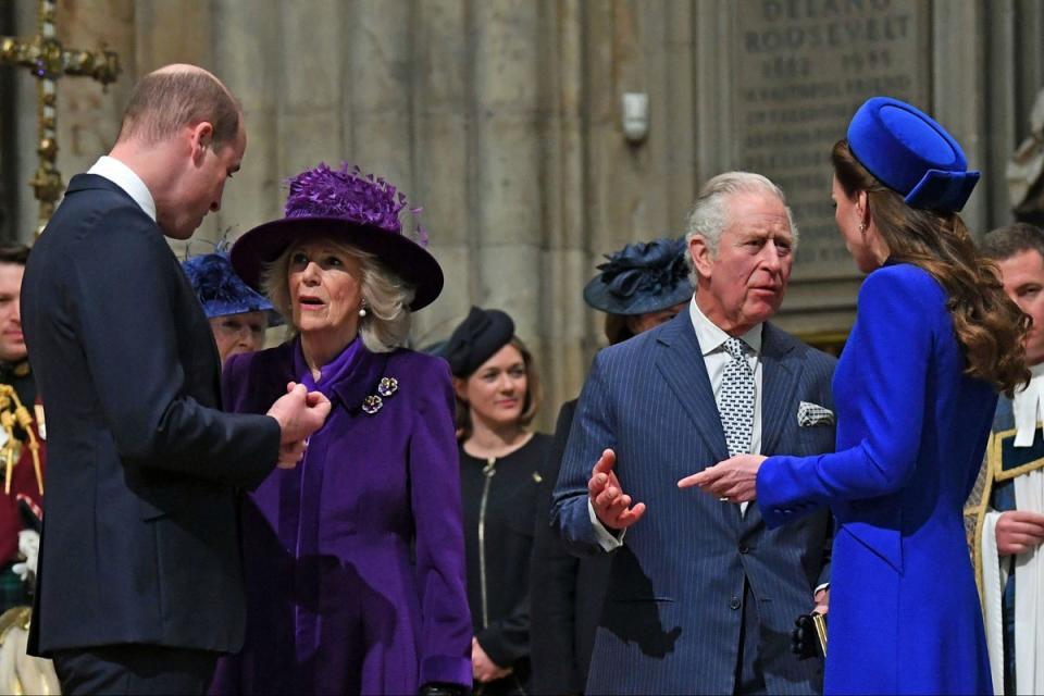 William and Kate talk with the then-Prince Charles and Camilla, Duchess of Cornwall, at the Commonwealth service on Commonwealth Day at Westminster Abbey on March 14, 2022 (AP)