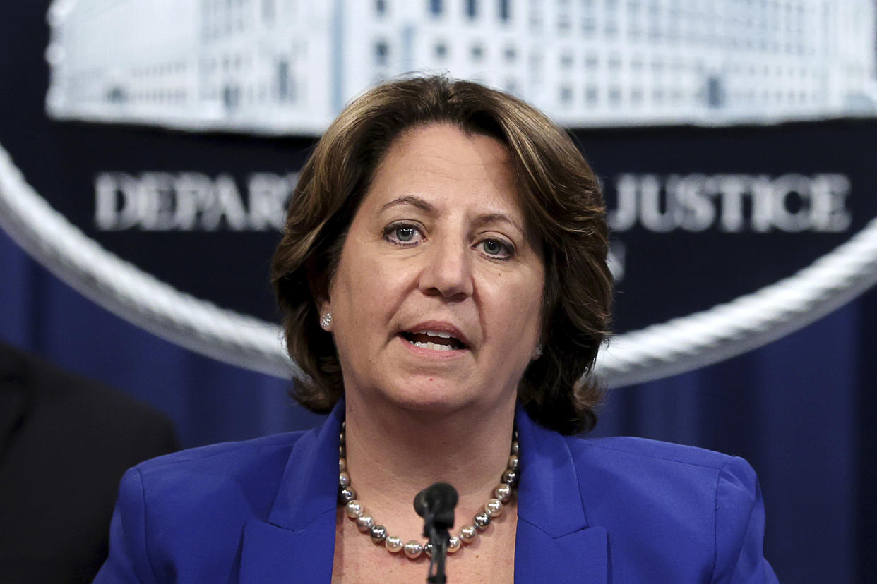 Deputy U.S. Attorney General Lisa Monaco speaks about the May 2021 Darkside Ransomware attack on Colonial Pipeline during a news conference at the Justice Department in Washington, U.S., June 7, 2021. (Jonathan Ernst/Pool via AP)