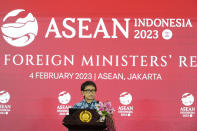 Indonesian Foreign Minister Retno Marsudi speaks during a news conference of the Association of Southeast Asian Nations (ASEAN) foreign ministers retreat in Jakarta, Indonesia, Saturday, Feb. 4, 2023. (AP Photo/Achmad Ibrahim)