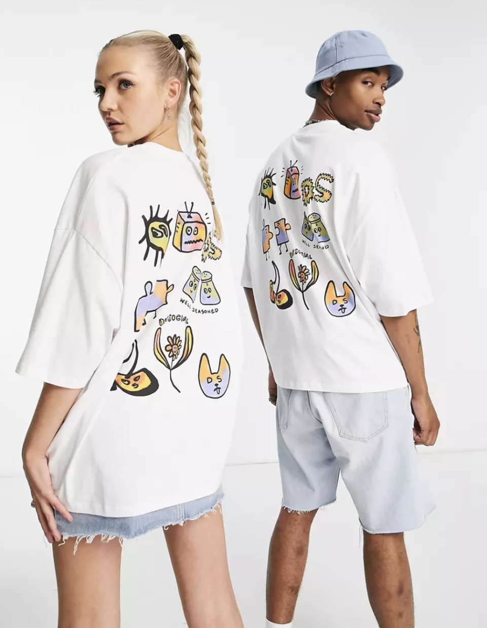 18) Daysocial unisex oversized t-shirt with doodle back graphic print in white